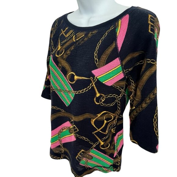 Ralph Lauren Women Equestrian Chain Print Pullover Thermal Knit Top Medium Shirt - Picture 2 of 6